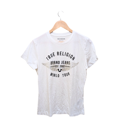 true religion t-shirt with crystals on a white background